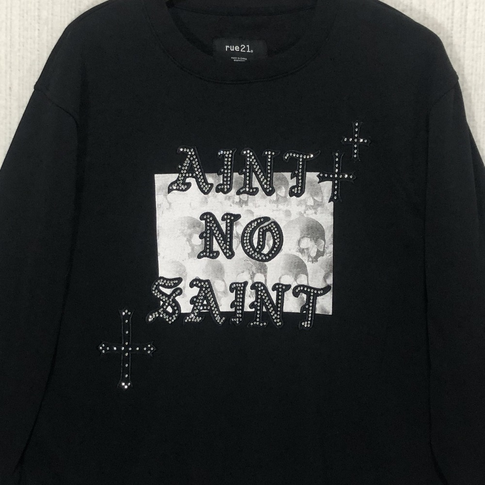Rue21 Mens Large‎ Black Aint No Saint Rhinestone Skull Cross Graphic Sweatshirt